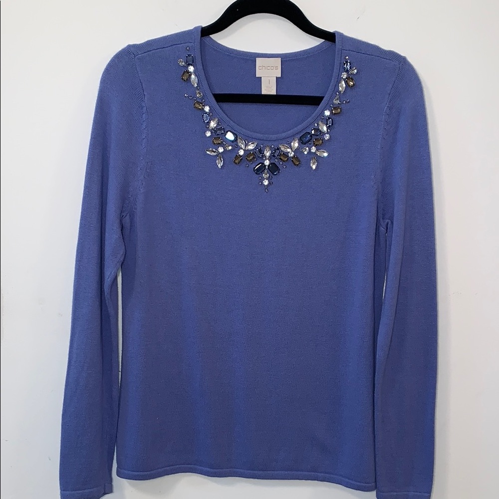 Chico's Blue Embellished Long Sleeve Blouse